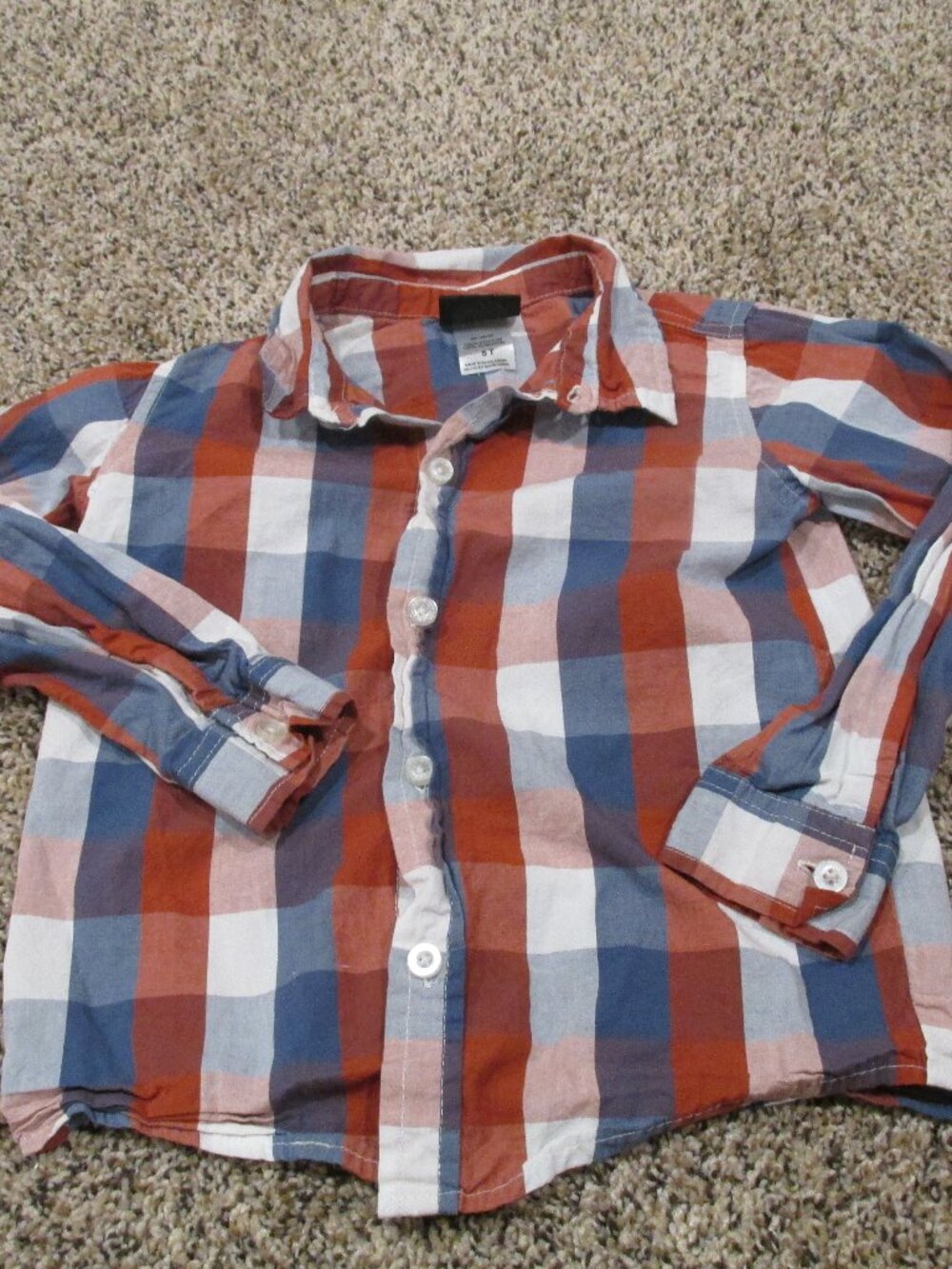Boys Rock Button Up Dress Shirt Boys‎ 5T Orange Blue Plaid Long Sleeve Collared
